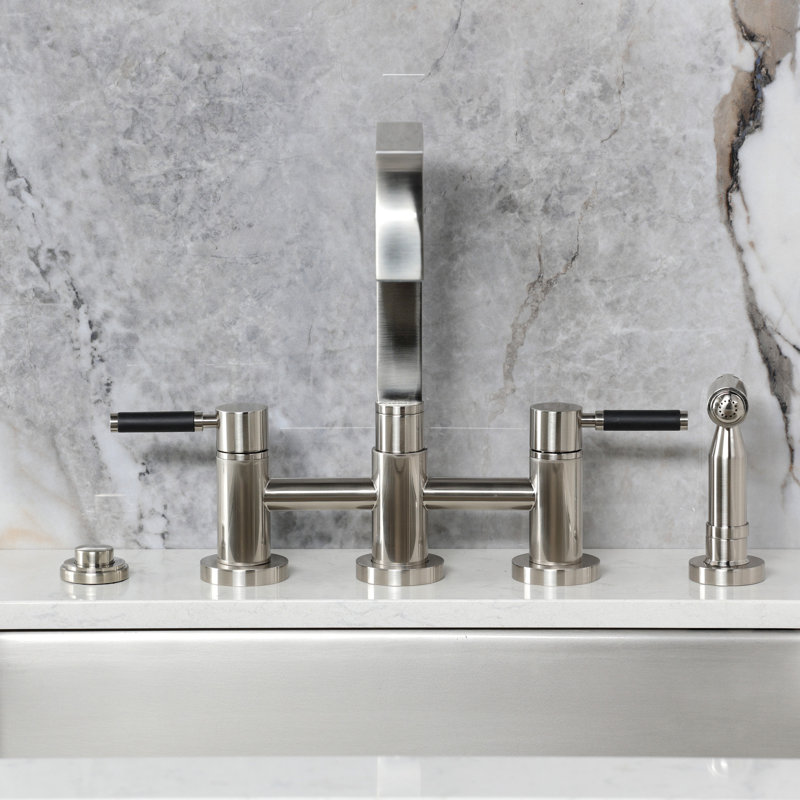 Kingston Brass Kaiser Two-Handle 4-Hole Deck Mount Bridge Kitchen Faucet with Brass Side Sprayer, Brushed Nickel