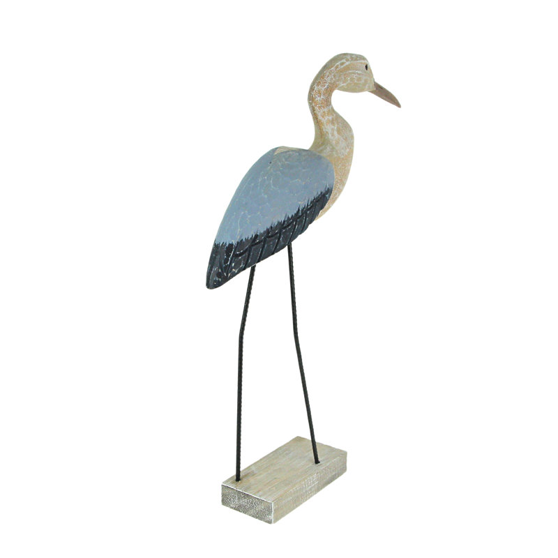Statue d'aigrette côtière en bois d'Albesia bleu et blanc et métal, avec pattes en acier, 47,6 cm de hauteur