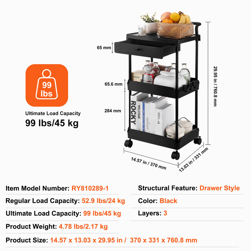 VEVOR 3-Tier Rolling Utility Cart with Drawer, Kitchen Cart with Lockable Wheels