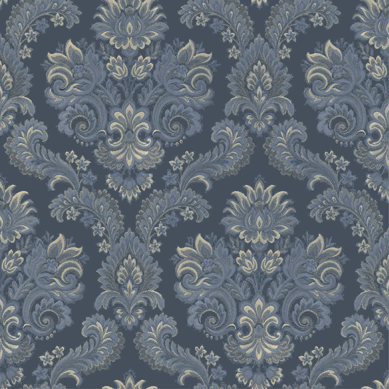 Italian Style Traditional Floral Damask Wallpaper Roll, Blue