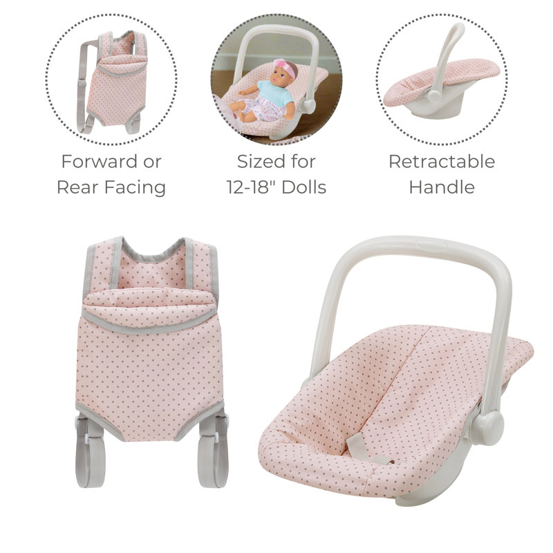 Teamson Kids Polka Dot Princess Baby Doll Carrier & Car Seat Set, Pink/Gray