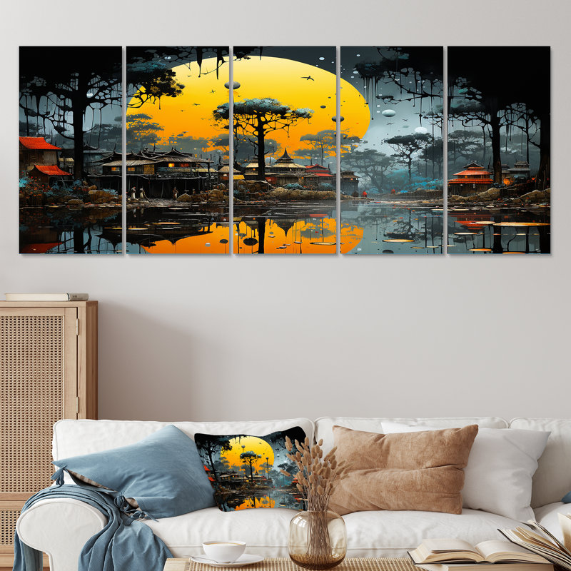 «Yellow African Pygmy Village Chronicles I», art tribal africain 5 pièces, H 28 po x l 60 po