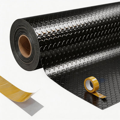 5x10 ft Garage Floor Mat, Thick Diamond Plate PVC, Waterproof, Oil Resistant, Anti-Slip with Double-Sided Tape