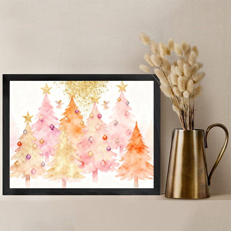Reproduction d'art encadré noir, arbre de Noël rétro, aquarelle, H 17 po x l 25 po
