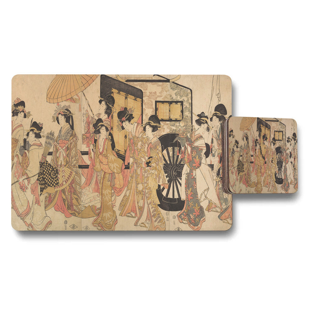 Japanese Ukiyoe Geisha Scene Placemats And Coaster Set