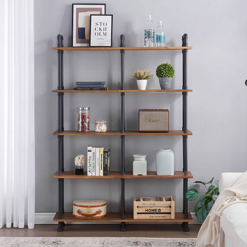 47'' W Freestanding Wood Bookshelf with Metal Frame, Large Open Shelves for Storage, (5 Shelves) 66.8" H x 42" W x 12" D