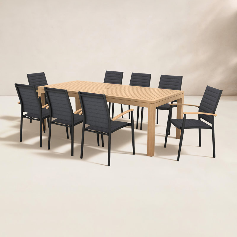 Ensemble repas d'extérieur 100% teck massif et aluminium 9 pièces Cenka