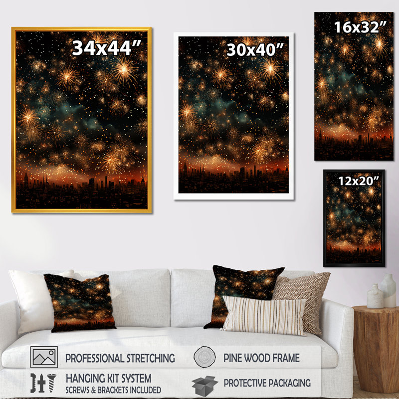 Feux d'artifice dorés, ciel magique, Cadre simple noir, H 20 po x l 12 po x P 1 po
