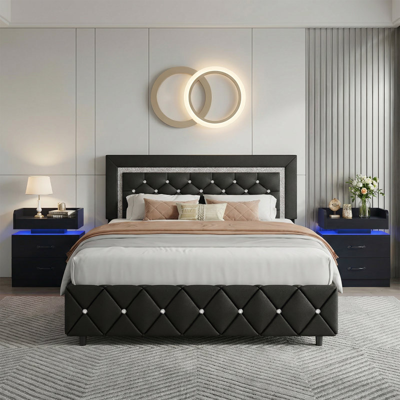 3-Piece Bedroom Sets,With Faux Leather Diamond Tufted Platform Bed  And LED Nightstand, Queen, Black