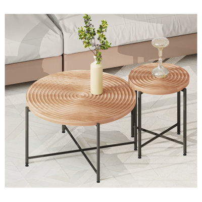 Ensemble de tables basses et tables de bout 2 pièces en bois naturel et brun avec finition imperméable et bacs de rangement