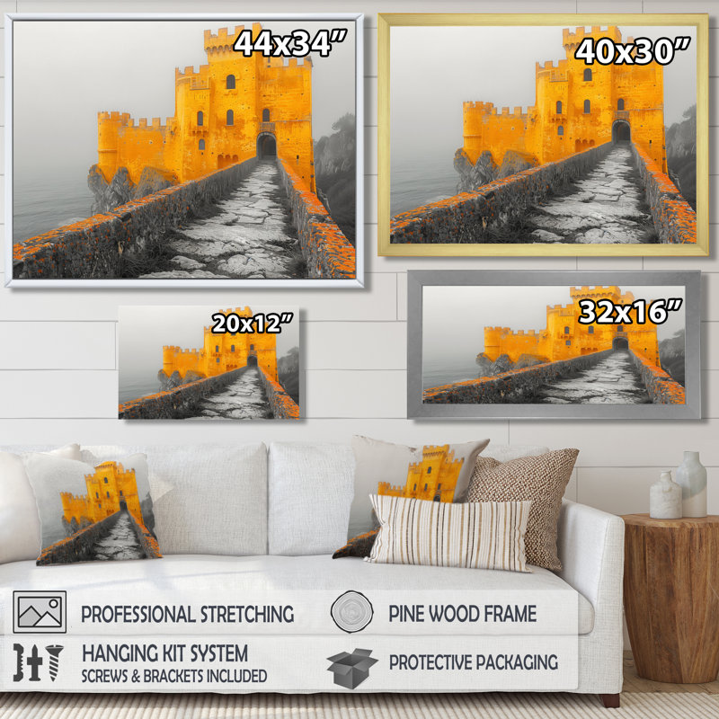 Impression d'art mural monochrome, jaune et gris, Irlande Fortress II, Toile encadrée noire simple