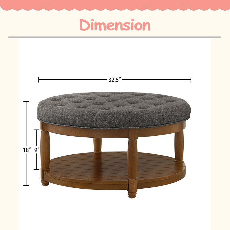 Grande table basse ronde avec repose-pieds rembourré en lin capitonné, grand repose-pieds avec tablette en bois massif, structure solide