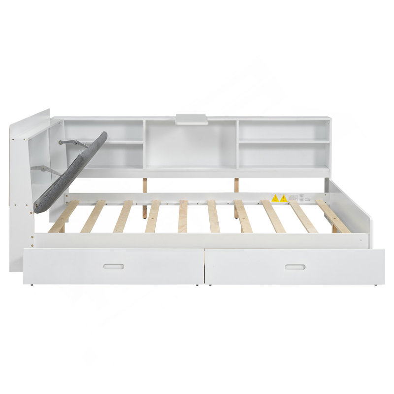 Lit plateforme en bois avec tête de lit, tablettes et 2 tiroirs, blanc, Lit double, Blanc