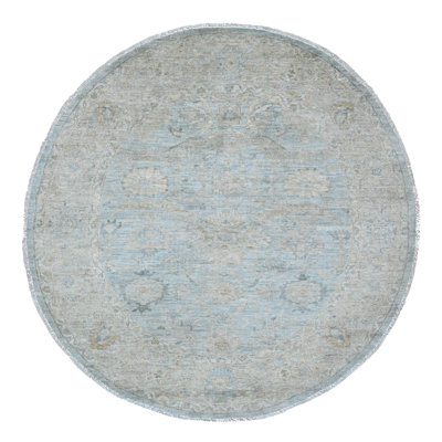Tapis oriental 6 pi 3 po x 6 pi 3 po bleu Peshawar avec motif Ziegler Mahal, laine haute montagne, délavé, tissage dense, noué à la main, rond, tapis oriental