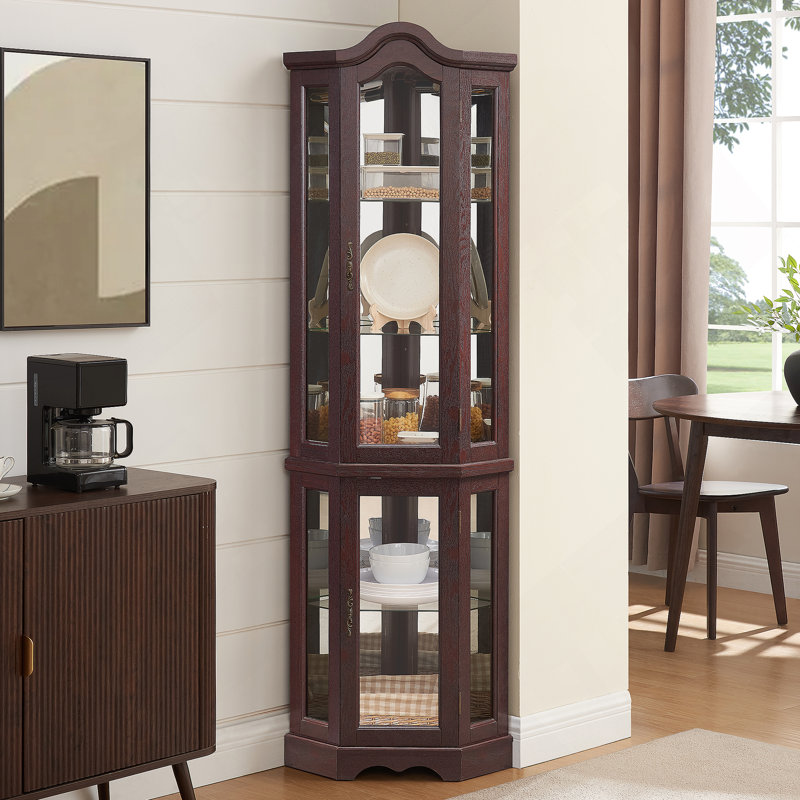 Lighted Corner Curio Cabinet With Tempered Glass Doors & Shelves - Elegant Oak Display Storage For Living Room & Bedroom Decor-Dark Cherry