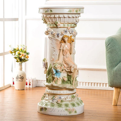 33 pi. Piédestal de colonne romaine rétro 33 po, pilier en résine avec relief féerique et floral, présentoir élégant pour le salon, le vestibule et la décoration intérieure