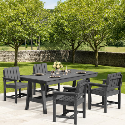 HDPE Outdoor Dining Set, 5-Piece Patio Table And Armchair Set With Umbrella Hole – Weather-Resistant