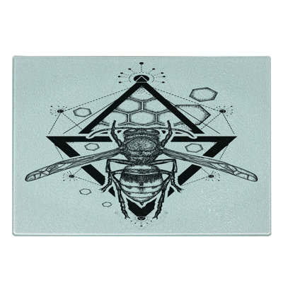 Ambesonne Queen Bee Tempered Glass Cutting Board Beehive Pattern Bug Black White