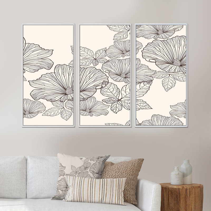 Fleurs et feuilles monochromes - ensemble d'art mural sur toile traditionnel encadré de 3, H 28 po x l 36 po x P 1 po, Blanc