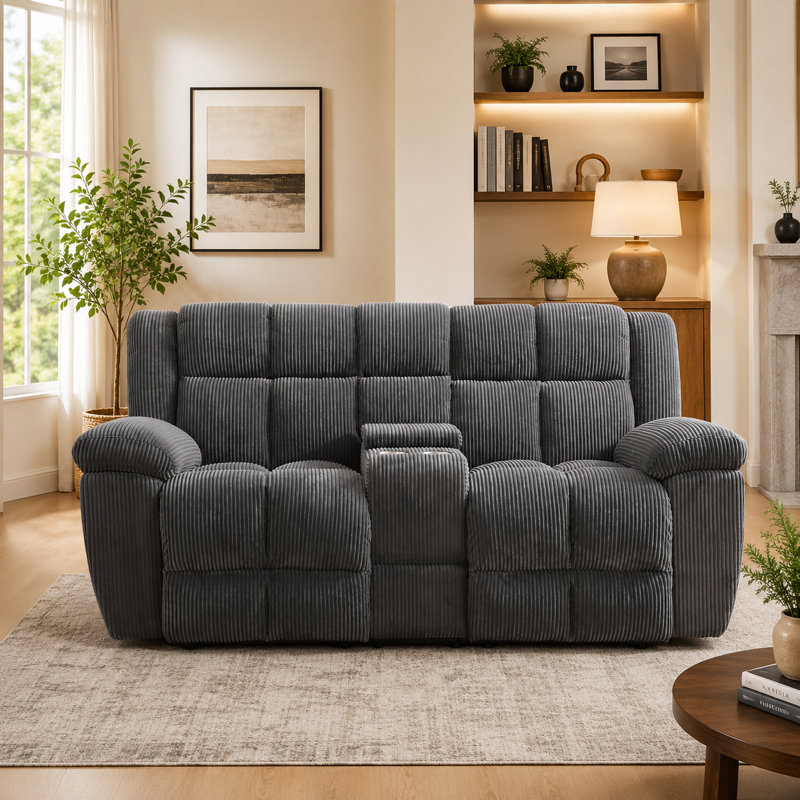 Causeuse inclinable électrique moderne en tissu rayé gris foncé avec sièges moelleux, dossiers de soutien et console centrale