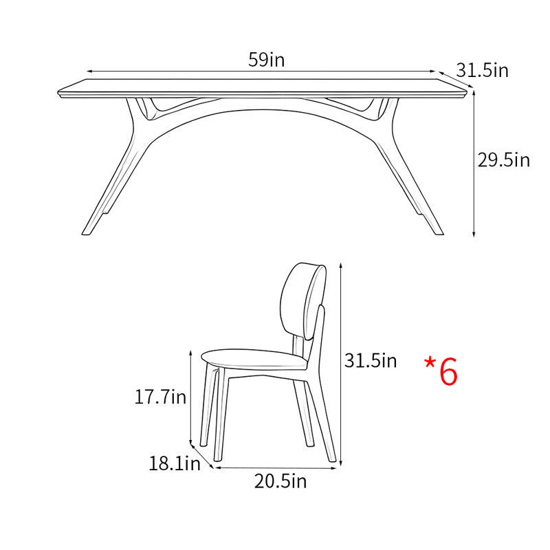 Modern simple home rectangular dining table sets, 29.5"H x 59"L x 31.5"W