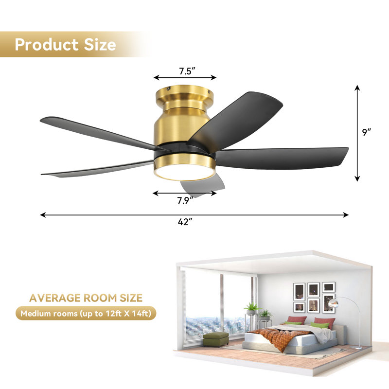 Rachel 42" 5-ABS Blade Modern Rustic Classic Flush Mount Ceiling Fan With Light, Remote, DC, Gold&Black