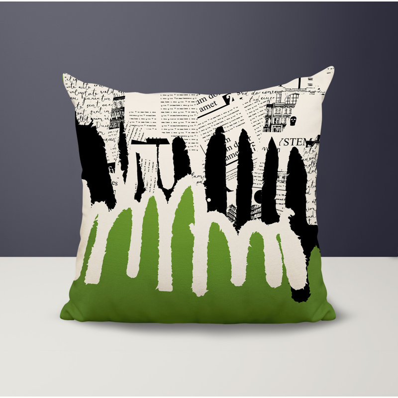 Oreiller carré réversible intérieur / extérieur Kisha, Chartreuse / noir / blanc cassé abstrait, H 15 po x l 15 po