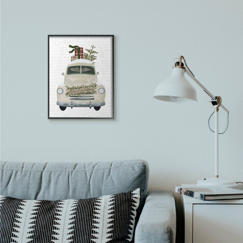 «Merry Christmas Snow Covered Truck», impression, H 20 po x l 16 po, Giclée encadrée noir minuit