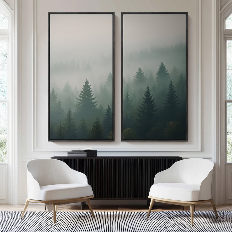 Grand ensemble d'art mural sur toile encadrée - Forêt de pin brumeux, impression de paysage de montagne vert tranquille - 60 po x 20 po x 2 pièces