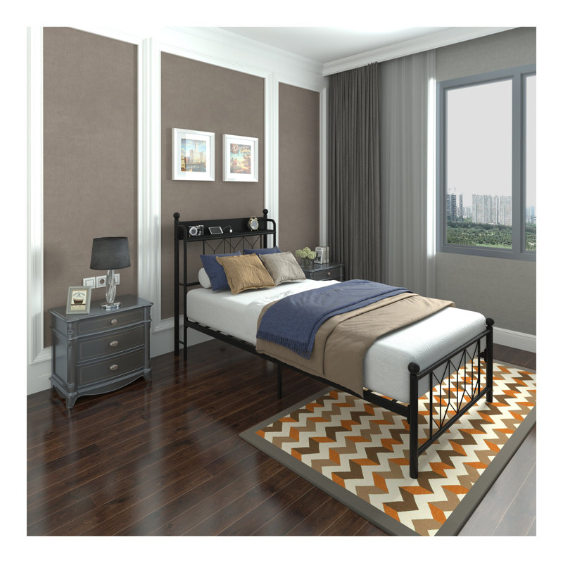Cadres de lit simple, tête de lit et station de charge à DEL pour la chambre à coucher, et stable, sans bruit, aucun sommier requis, assemblage facile