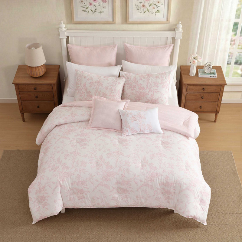 Laura Ashley Natalie Cotton Reversible Pink Comforter Bonus Set, Queen Comforter + 4 Shams + 2 Throw Pillows, Pink