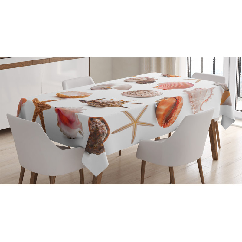 Seashells Tablecloth, Seashell Pattern Scallop Nautilus Mollusk Summer Holiday Destinations Marine, Rectangular Table Cover For Dining Room Kitchen Decor, 60" X 84", Multicolor