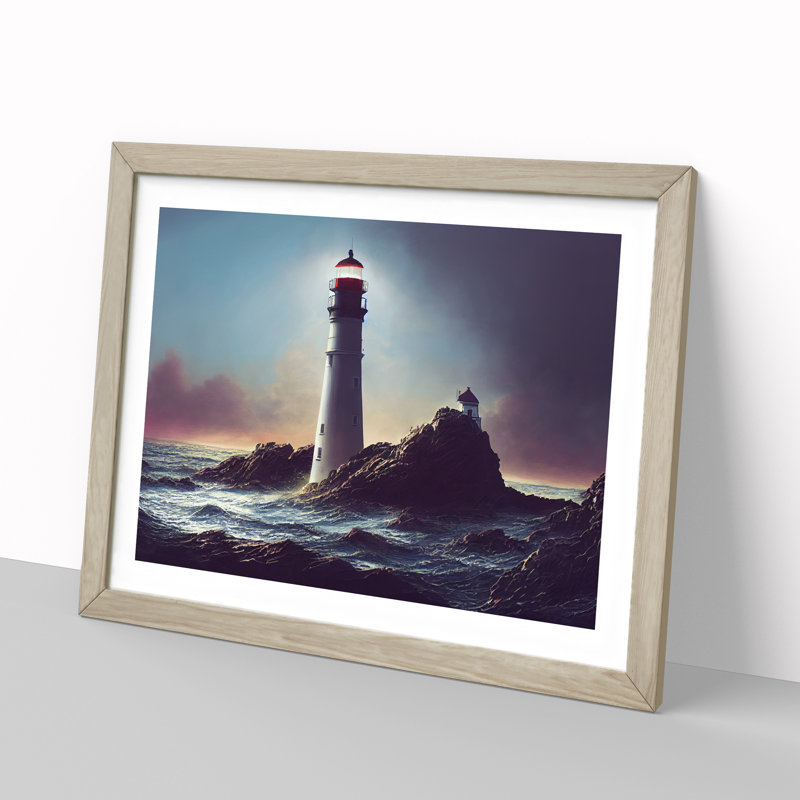 Brave Lighthouse Seascape - Single Picture Frame Print, 34cm H x 46cm W x 2cm D, Oak Framed