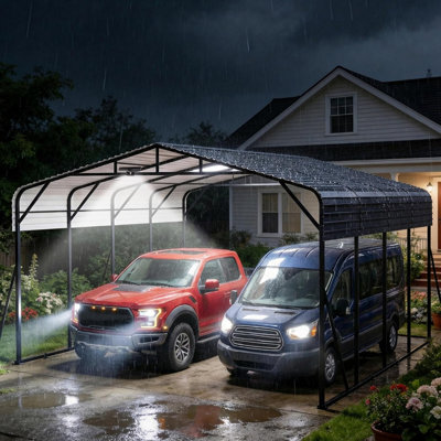 20x20 FT Heavy-Duty Metal Carport with LED Light, Reinforced Base, and Galvanized Steel Roof – Outdoor Portable Car Garage and Canopy Shelter for Boats, SUVs, and Full-Sized Pickup Trucks
