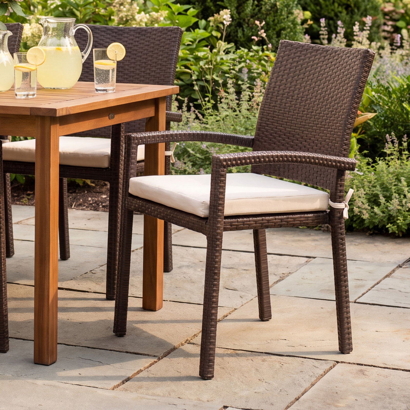 Alyisa Wicker Premium All-Weather Wicker Outdoor Stacking Dining Armchair with Cushion, Brown