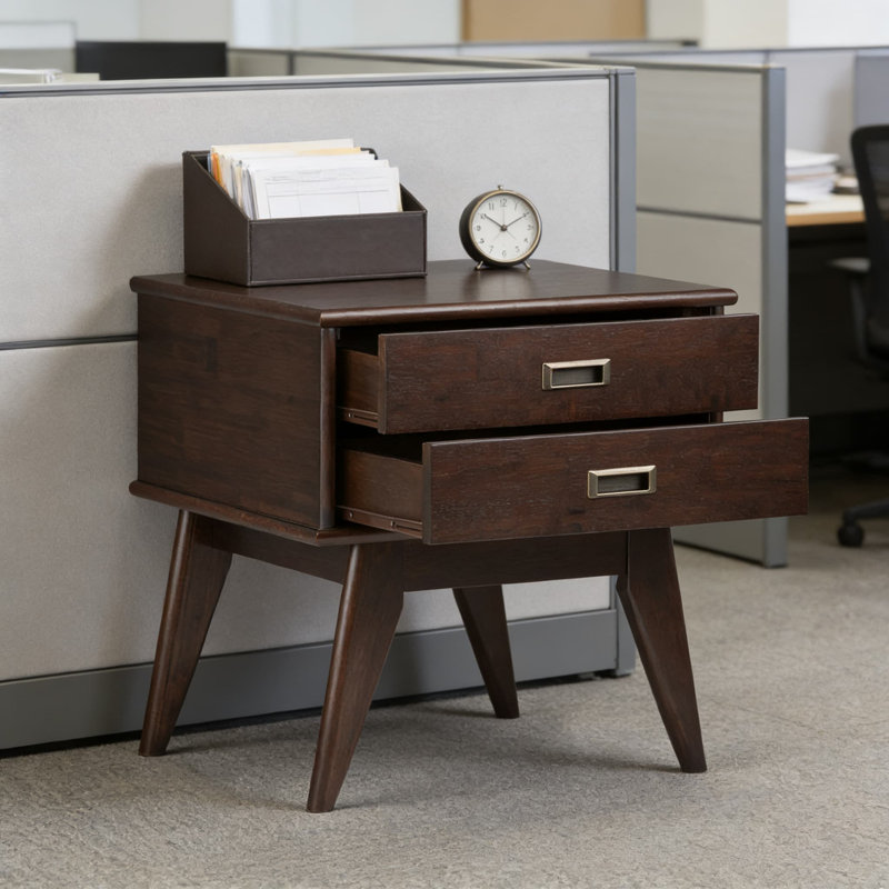 Table de bout rectangulaire Mid-Century en bois d'hévéa massif avec tiroirs Dangle