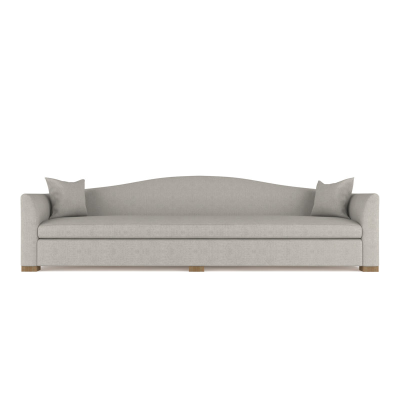 Horatio Camelback Taper Curved-Arm Extra Long Sofa, Ebony, Box Weave Linen Blue Print, 33" H x 120" W x 36" D
