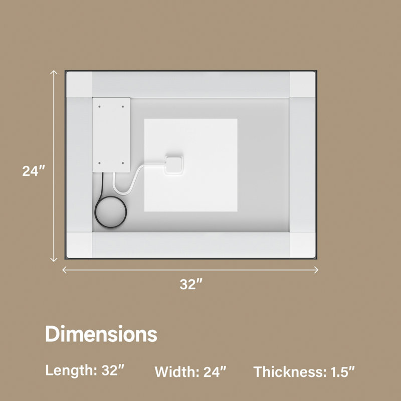 Miroir en verre trempé avec bandes lumineuses à DEL, 32 po x 24 po
