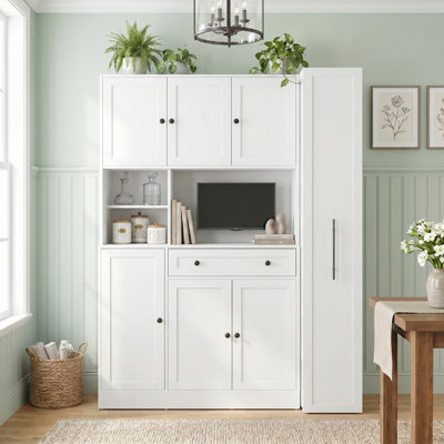 Armoire de rangement 52 po x 17,7 x 70 po pour garde-manger de cuisine traditionnelle autoportante, buffet en panneau de fibres à densité moyenne blanc avec rehausse, grande armoire avec armoire latérale coulissante, tablettes de porte et tiroir pour la salle à manger et le salon