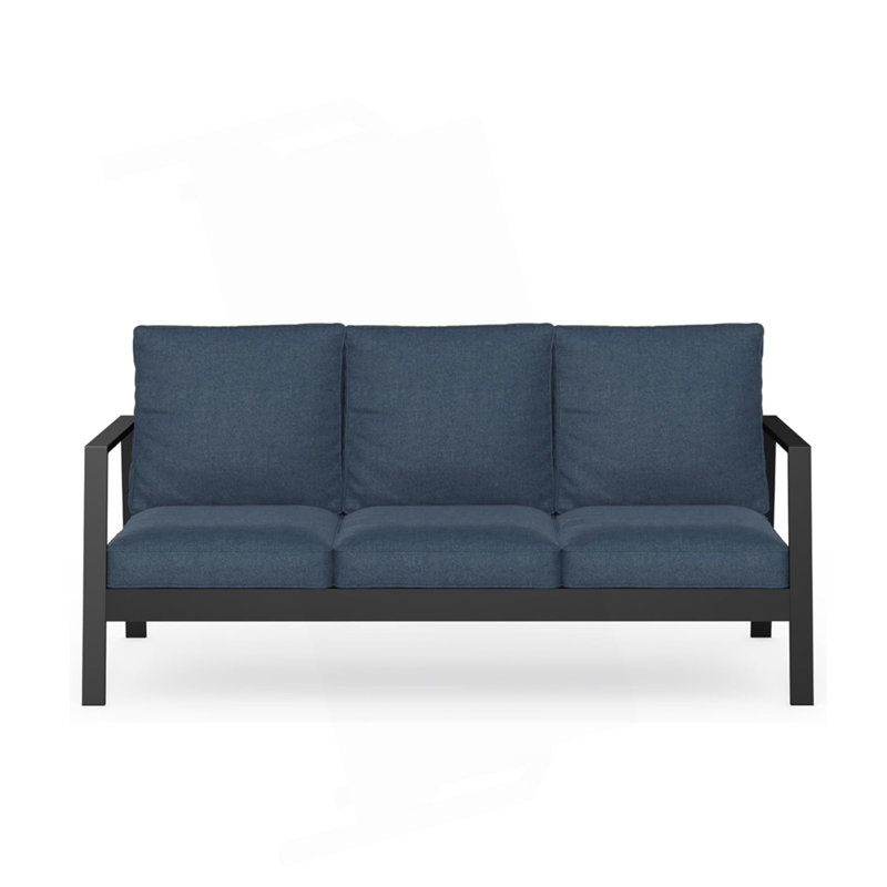 75" All-Weather Aluminum 3-Seat Patio Sofa With Thick Blue Cushions & Black Frame, Blue