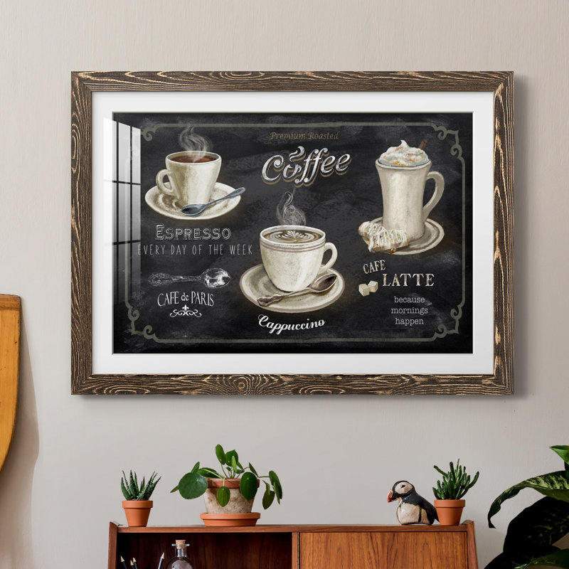 Coffee Trio - Reproduction d'art graphique sur papier encadré, H 31,5 po x l 23,5 po x P 1,5 po, Encadré de bois de noyer