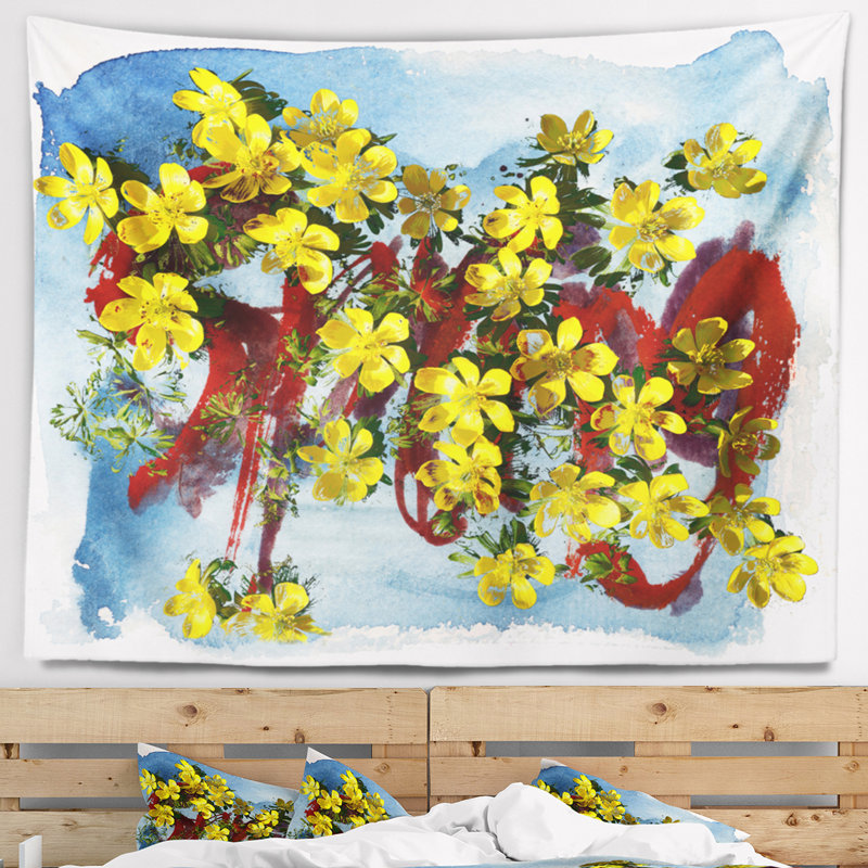 Tapisserie florale et fleurs printanières jaunes, H 50 po x l 60 po