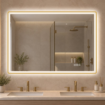 Anti-Fog Rectangular LED Bathroom Mirror, Frameless Gold Spray Edge, Touch Control Mirror