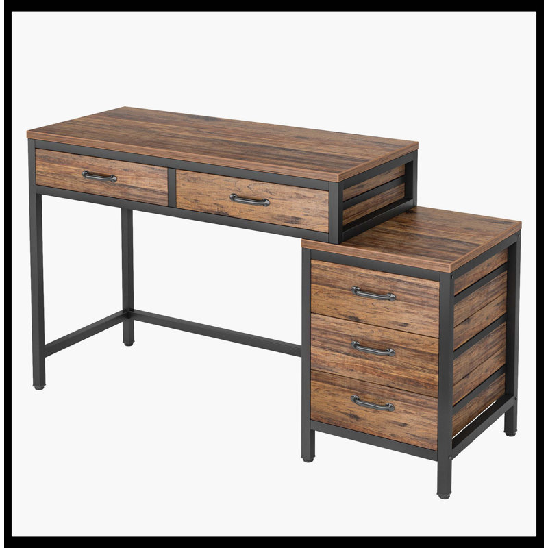 Bureau d'ordinateur à 5 tiroirs, bureau d'écriture avec commode réversible, Brun rustique, Noir