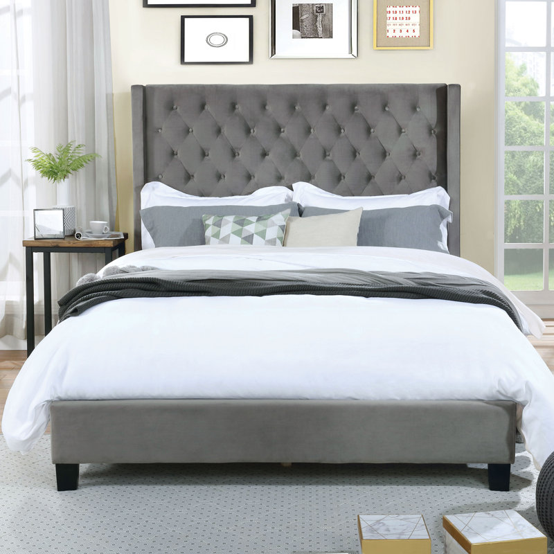 Barta Upholstered Wingback Bed, Grey, Queen