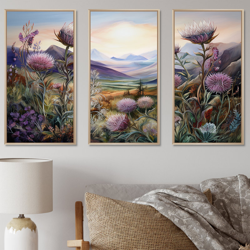 Purple Thistle Field Mountain Charm - Thistle Wall Art Living Room Set, Cadre naturel flottant, H 32 po x l 48 po x P 1 po