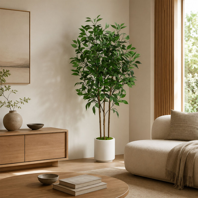 60 po Ficus artificiel avec pot de fleurs en céramique blanche et base en mousse, faux arbre pour la décoration intérieure