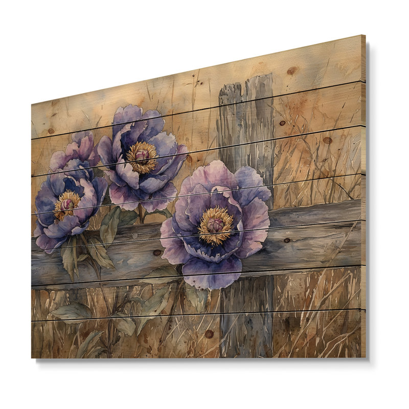 Pivoines mauves par la clôture - décoration murale en bois de pivoines - sur bois de pin naturel, H 34 po x l 44 po