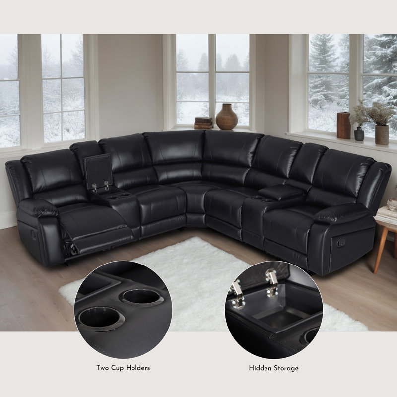 109" Wide Reversible Reclining Corner Sectional, Black Faux Leather
