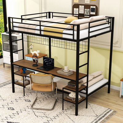 Bunk Bed With Desk, Charging Station, Storage Shelves And Safety Guardrails